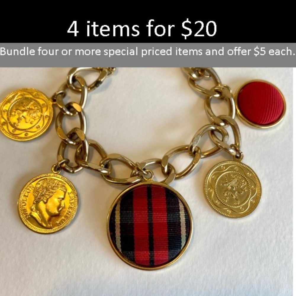 Fun Gold-toned Chain Bracelet with Faux Coins and unique Tartan Fabric Charm